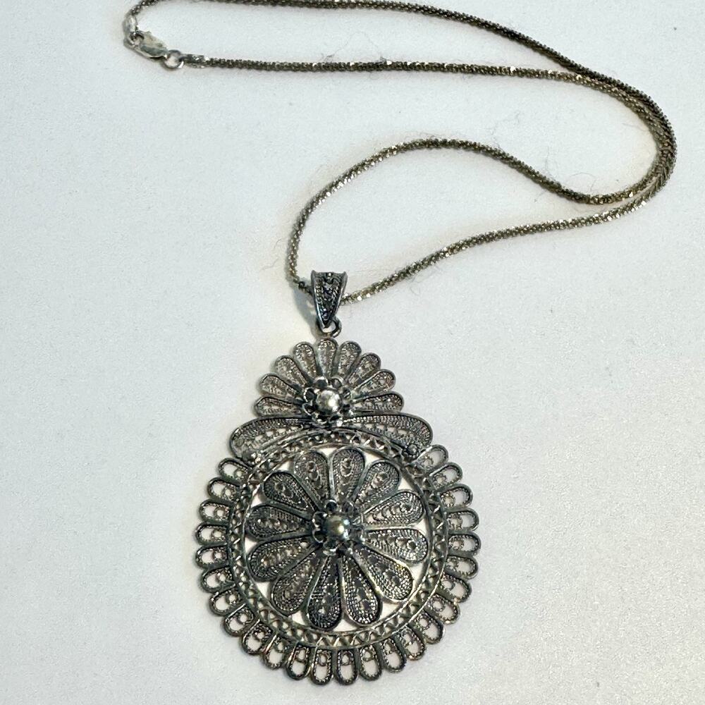 DGS Turkey 925 Sterling Silver Filigree Flower Pendant Necklace Vintage Statemen